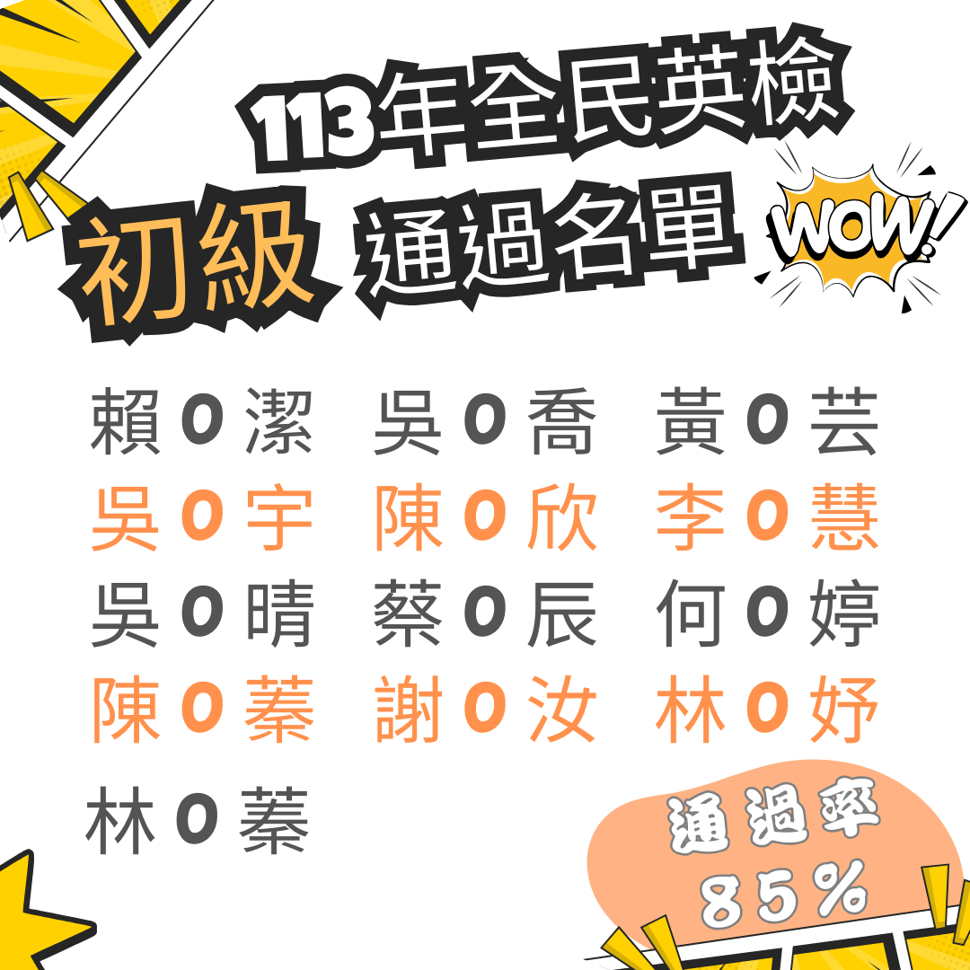 113年 全民英檢"初級"通過名單